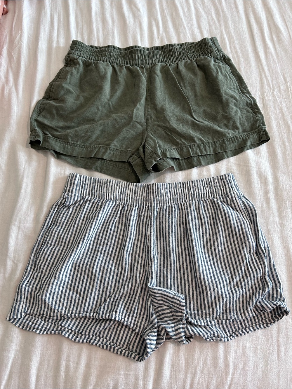 Old Navy Olive Green & Blue-White Striped High-Waist Shorts Set of 2 size L